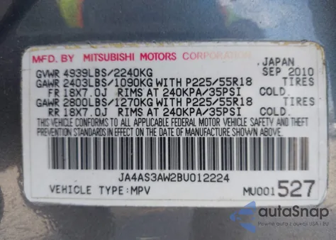 2011 Mitsubishi Outlander Se z USA, uszkodzony, nr VIN JA4AS3AW2BU012224
